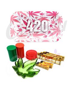 420 Pink Weed Leaf Design Metal Rolling with Ash Tray Set
