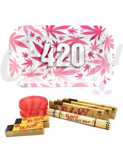 420 Pink Weed Leaf Design Metal Rolling Tray Set