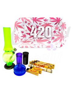 420 Pink Weed Leaf Design Metal Rolling Tray Bong Set