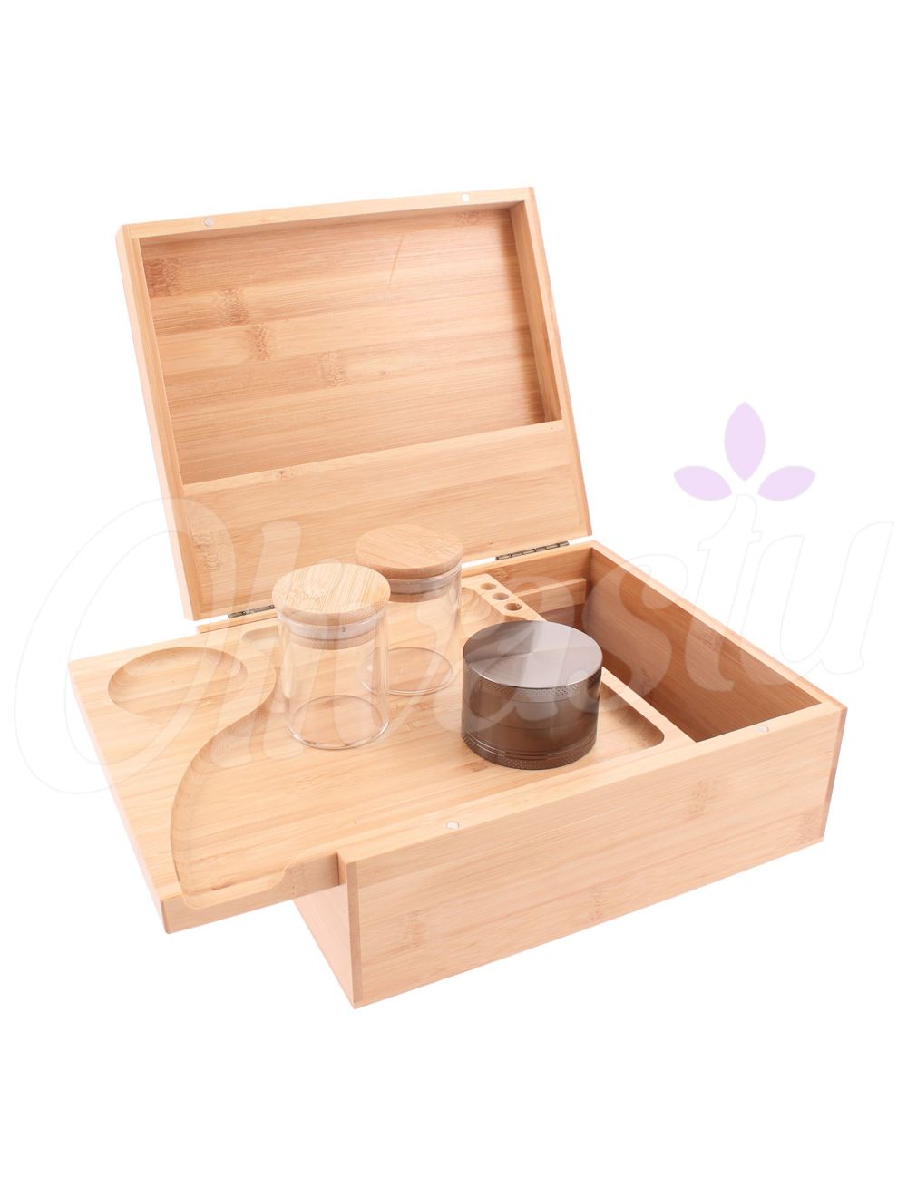 CALI Large Bamboo Stash Box with Sliding Rolling Tray (Natural)