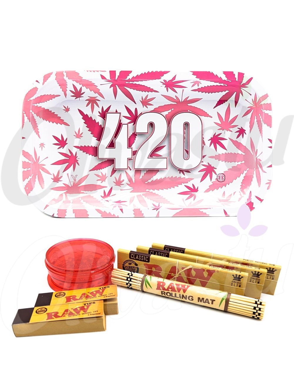 420 Pink Weed Leaf Design Rolling Tray Set - 420 Gift Sets