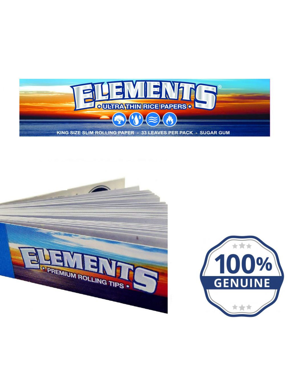 6 pack Elements Rolling Paper Connoisseur King Size Slim+Tips 33leaves pr pack 