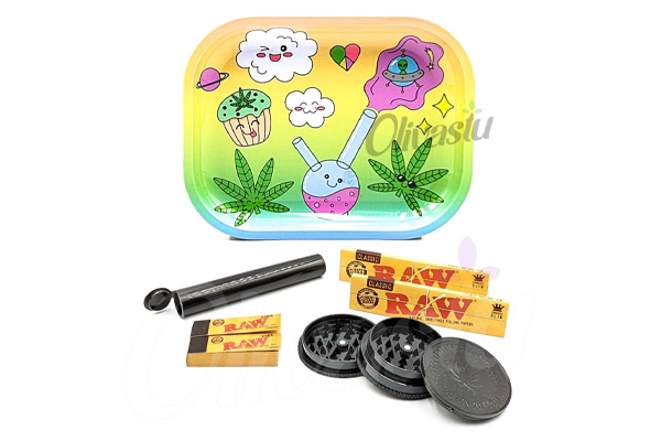 Wise Skies Rolling Tray Set with Raw Classic Papers & Tips - Cute Bong